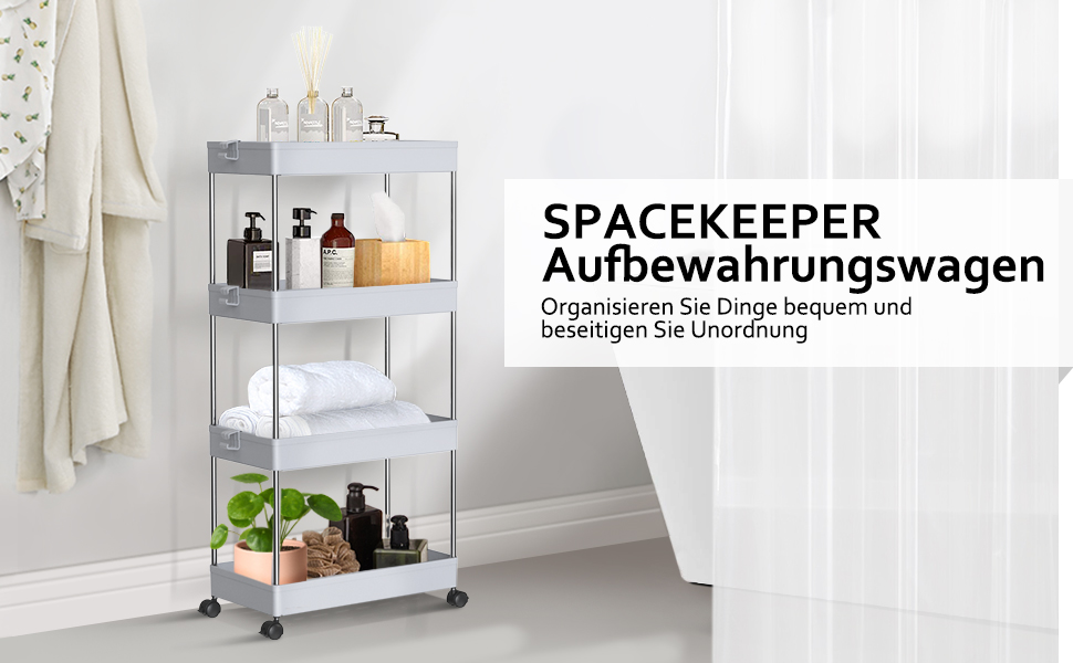 Полка на колёсиках с 4 уровнями 40x13x86 см, серая SPACEKEEPER