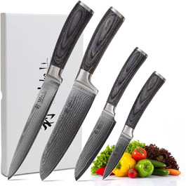 Набор из 4 профессиональных кухонных ножей дамасская сталь/дерево пакка Wakoli Edi