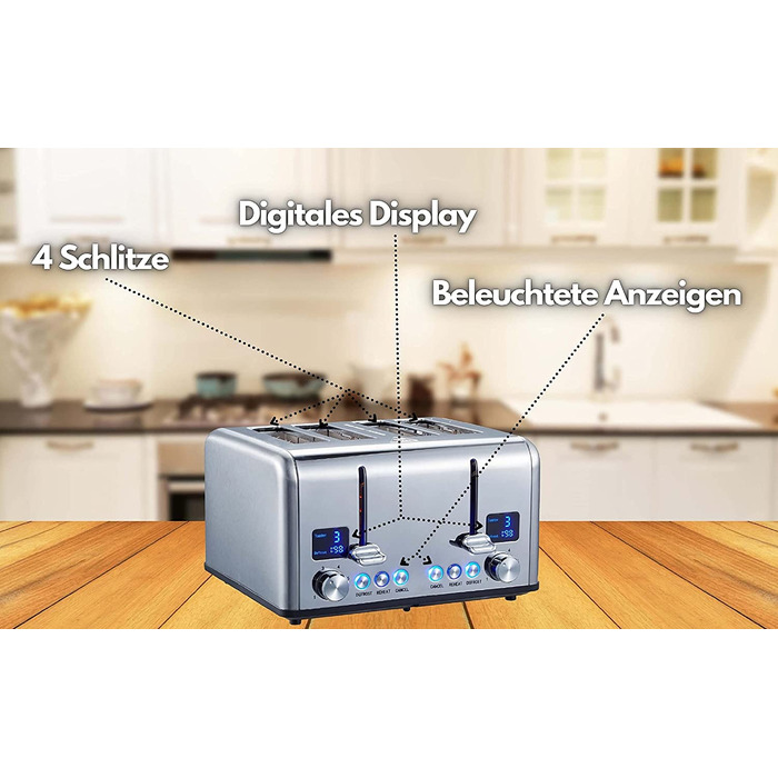 Тостер Steinborg XXL / 1630 Вт / цифровой дисплей / на 4 ломтика / с насадкой для булочек / функция размораживания / выдвижной лоток для крошек