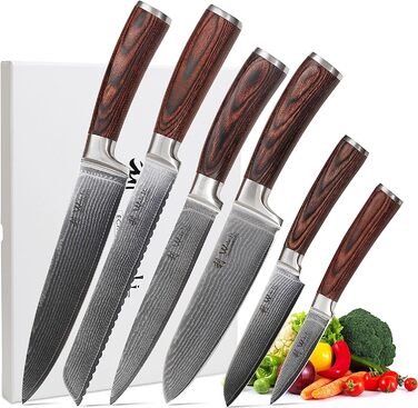 Профессиональный набор из 6 кухонных ножей из натуральной японской дамасской стали с деревянными ручками из пакки Wakoli Edib