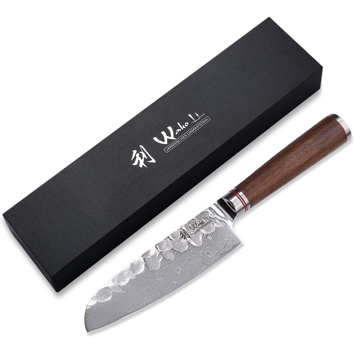 Профессиональный поварской нож сантоку из настоящей дамасской стали с рукояткой из орехового дерева 12 см Wakoli