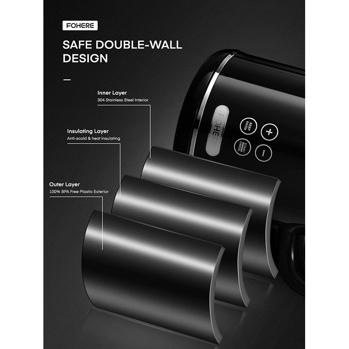Электрочайник с двойными стенками 1,7 л 2200 Вт Black FOHERE