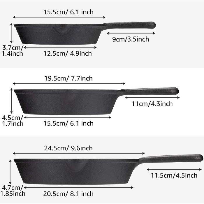 OVERMONT Набор из 3 чугунных сковородок с длинной ручкой Overmont