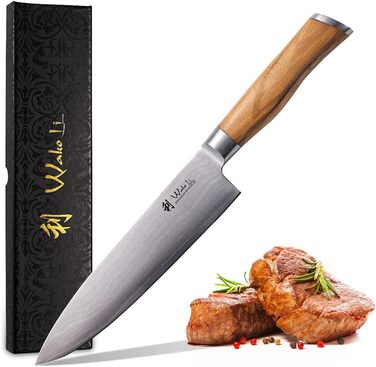 Высококачественный профессиональный нож с ручкой из оливкового дерева с дамасским лезвием Wakoli