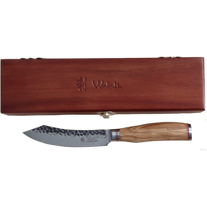Эксклюзивный нож для стейка из настоящей японской дамасской стали с рукояткой из оливкового дерева и деревянной коробкой Wakoli
