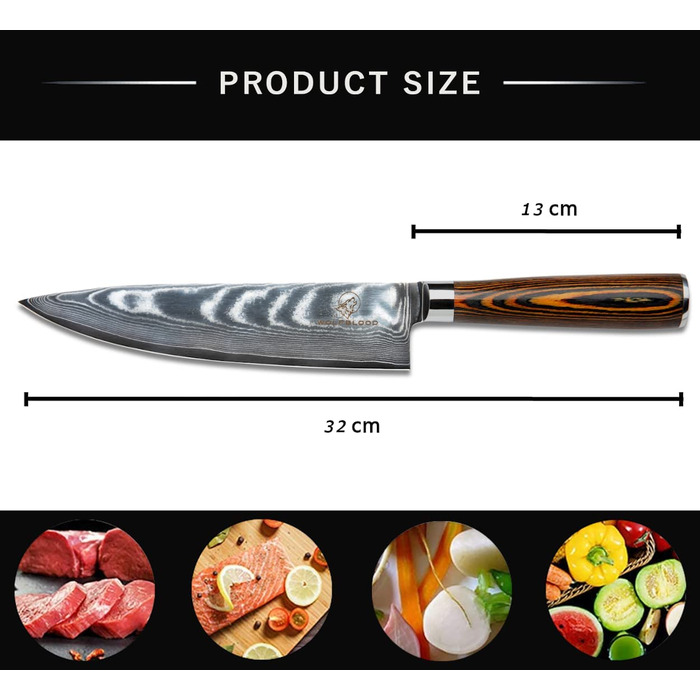 Поварской нож Wolfblood XL из 67 слоев дамасской стали, 32 см