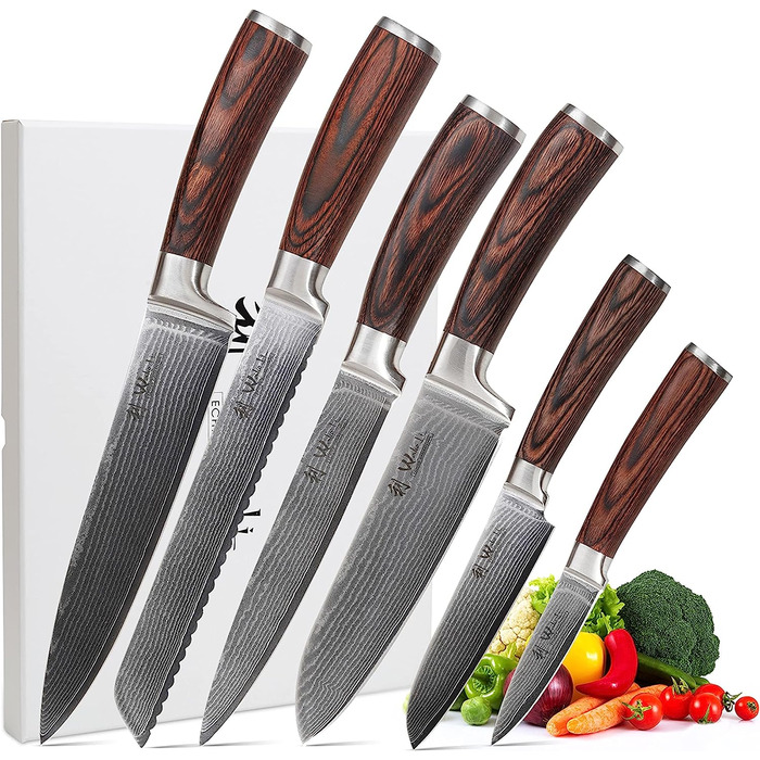 Профессиональный набор из 6 кухонных ножей из натуральной японской дамасской стали с деревянными ручками из пакки Wakoli Edib