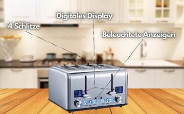 Тостер Steinborg XXL / 1630 Вт / цифровой дисплей / на 4 ломтика / с насадкой для булочек / функция размораживания / выдвижной лоток для крошек