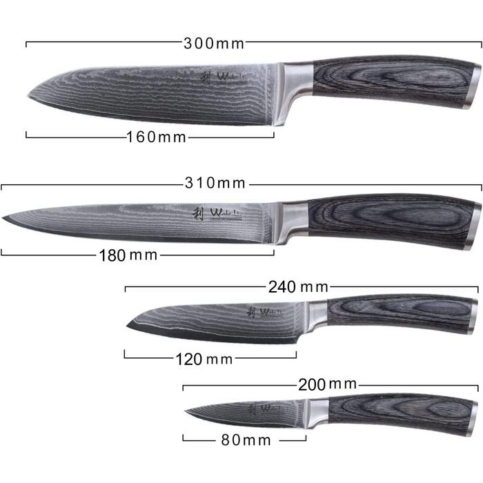 Набор из 4 профессиональных кухонных ножей дамасская сталь/дерево пакка Wakoli Edi