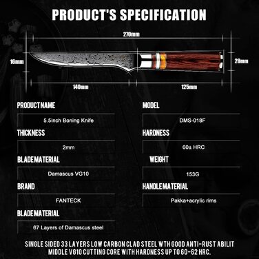 Поварской нож для рыбы F FANTECK из 67 слоев дамасской стали, 14 см