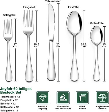Набор столовых приборов Joyfair, 60 предметов, на 12 персон, нержавеющая сталь