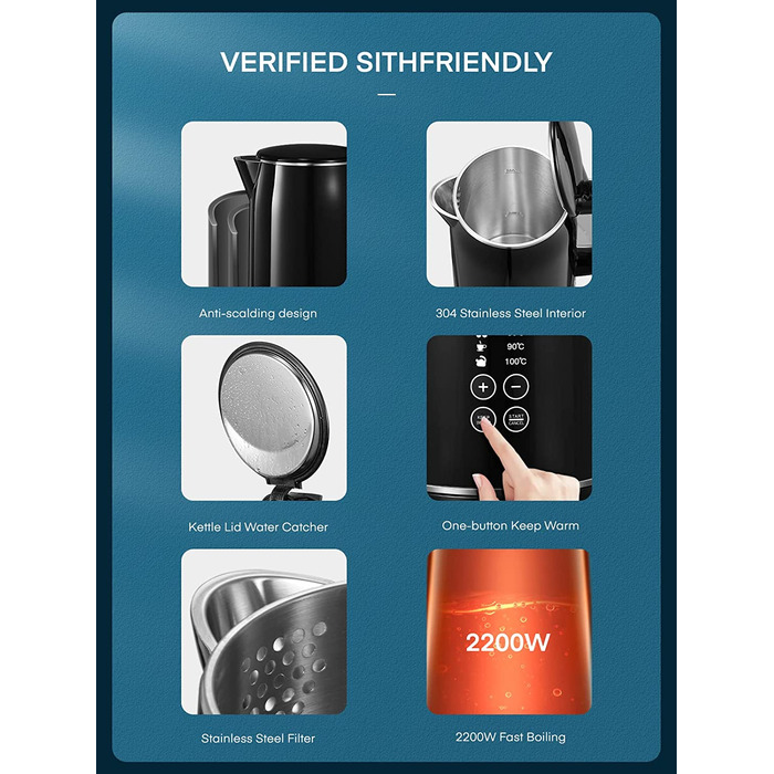 Электрочайник с двойными стенками 1,7 л 2200 Вт Black FOHERE