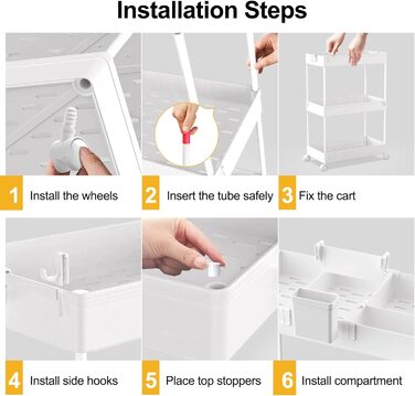 Полка на колёсиках с 4 уровнями, с 6 крючками, с 2 контейнерами, белая SPACEKEEPER
