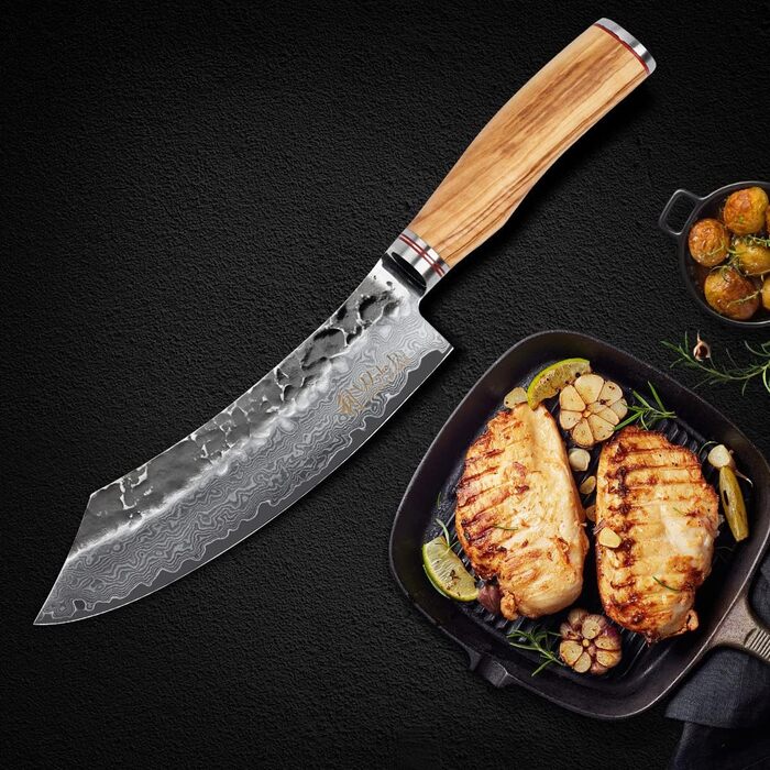 Дамасский нож Wakoli Olive серии HS с лезвием 20 см чрезвчайно острм из 67 слоев I дамасский профессиональнй поварской нож из настоящей японской дамасской стали с чернм молотком и ручкой из оливкового дерева