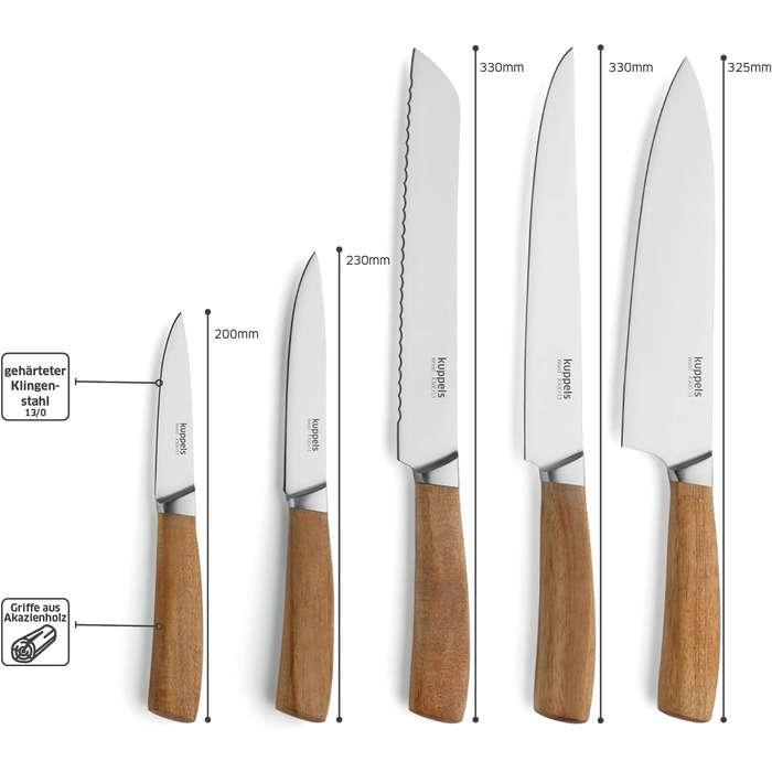 Kuppels Набор из 5 ножей с блоком для хранения сталь/акация Kuppels