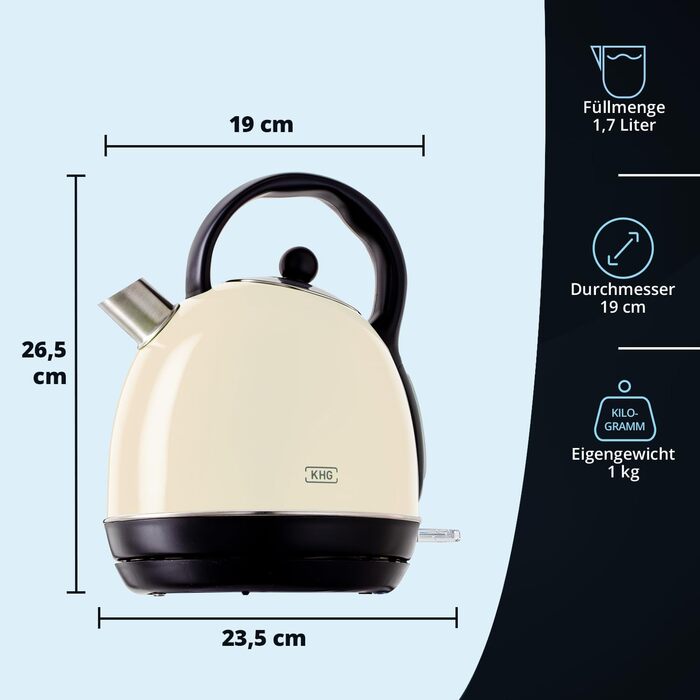 KHG Электрочайник 1,7 л ретро дизайн нержавеющая сталь/пластик Cream KHG