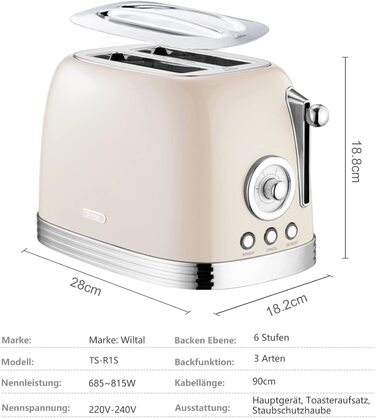 Тостер Wiltal / 815 Вт / на 2 ломтика / с насадкой для булочек / таймер обратного отсчета