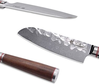 Профессиональный поварской нож сантоку из настоящей дамасской стали с рукояткой из орехового дерева 12 см Wakoli