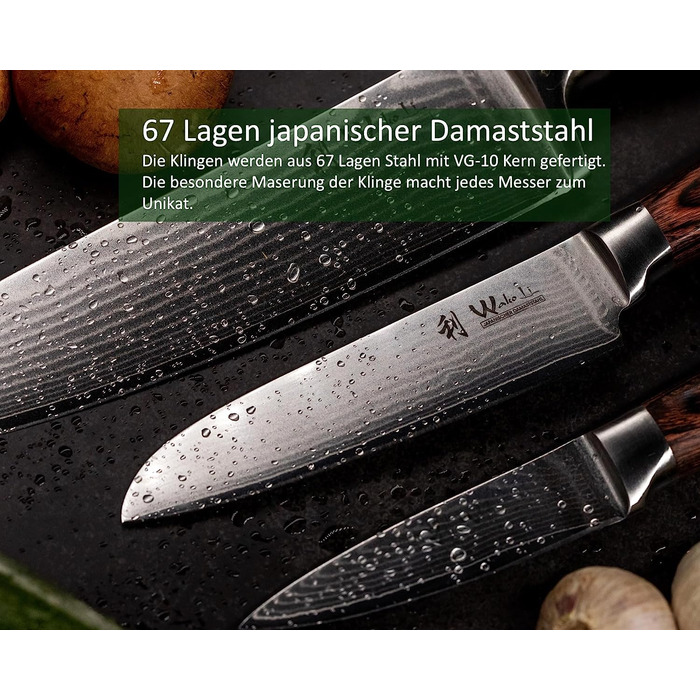 Профессиональный нож сантоку  из дамасской стали с ручкой из дерева пакка 12 см Wakoli