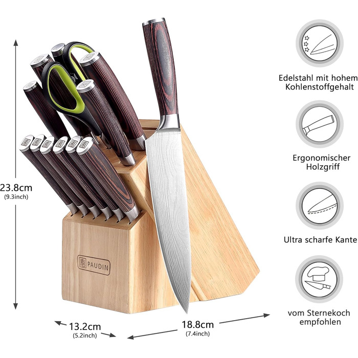 Набор кухонных ножей с деревянным блоком 14 предметов PAUDIN