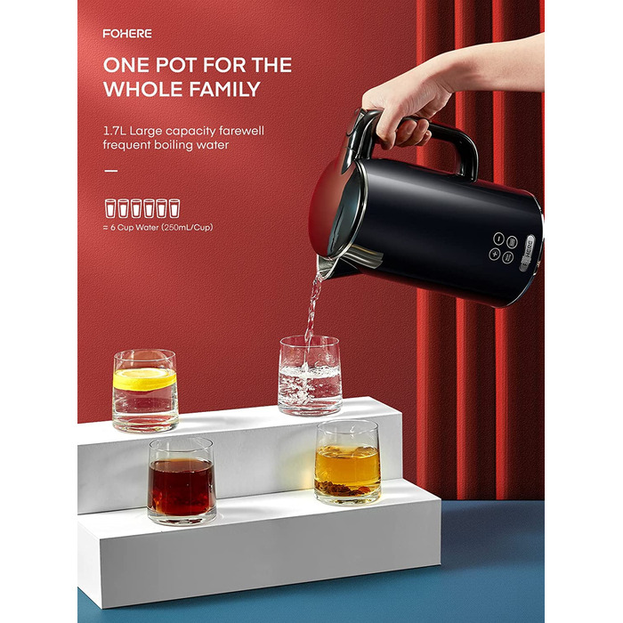 Электрочайник с двойными стенками 1,7 л 2200 Вт Black FOHERE