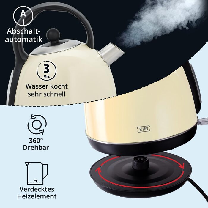 KHG Электрочайник 1,7 л ретро дизайн нержавеющая сталь/пластик Cream KHG