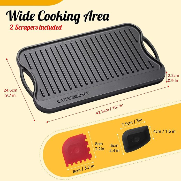 OVERMONT Чугунная сковорода-гриль с набором из 2 скребков 43,2 x 24,6 см Overmont