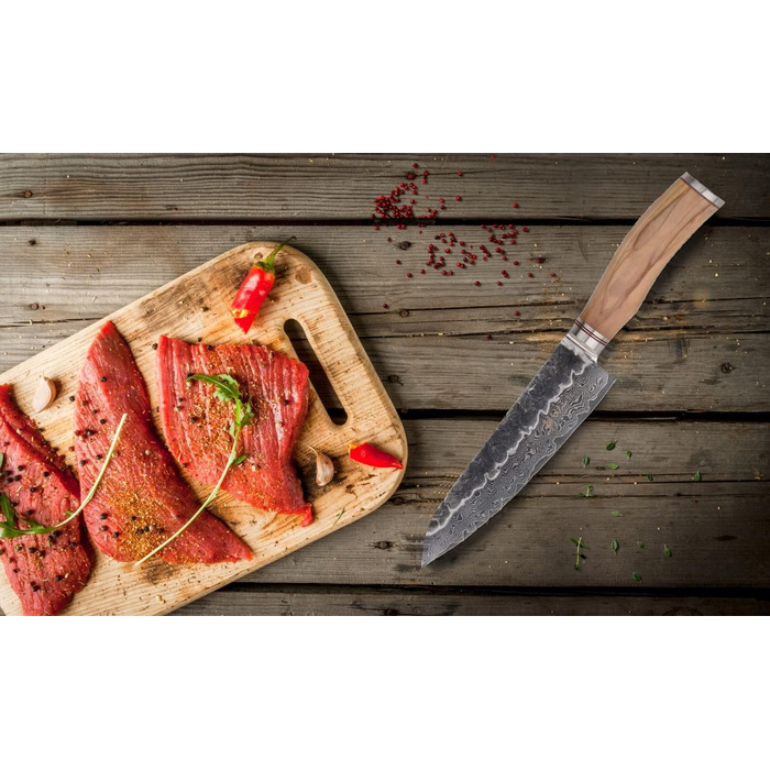 Нож из дамасской стали с ручкой из оливкового дерева 17 см 67 слоев Wakoli Olive серии HS