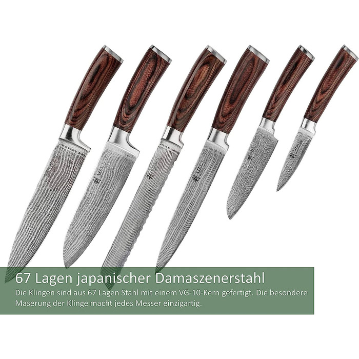 Профессиональный набор из 6 кухонных ножей из натуральной японской дамасской стали с деревянными ручками из пакки Wakoli Edib