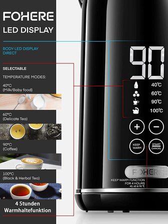 Электрочайник с двойными стенками 1,7 л 2200 Вт Black FOHERE