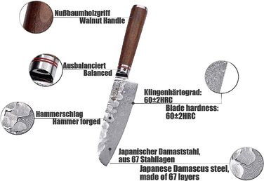 Профессиональный поварской нож сантоку из настоящей дамасской стали с рукояткой из орехового дерева 12 см Wakoli