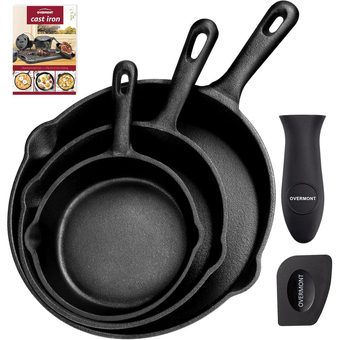 OVERMONT Набор из 3 чугунных сковородок с длинной ручкой Overmont