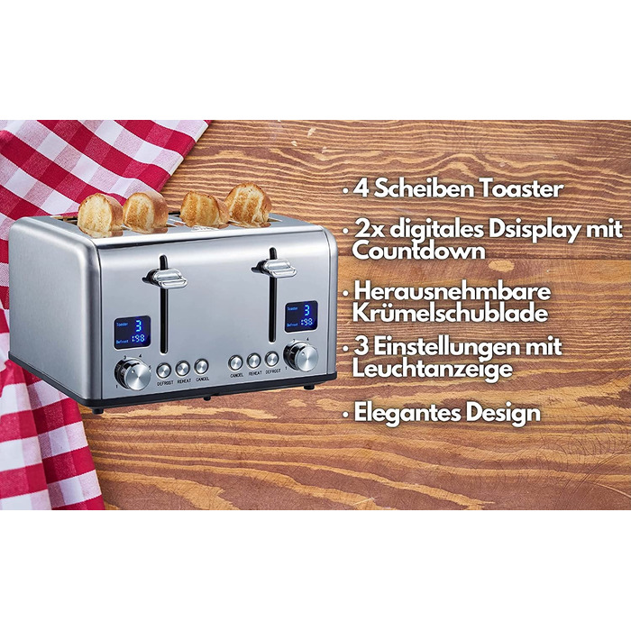 Тостер Steinborg XXL / 1630 Вт / цифровой дисплей / на 4 ломтика / с насадкой для булочек / функция размораживания / выдвижной лоток для крошек