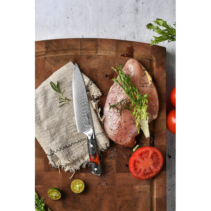 Поварской нож Damaso DMS-127 из 67 слоев дамасской стали, рукоять из дерева, красно-черная