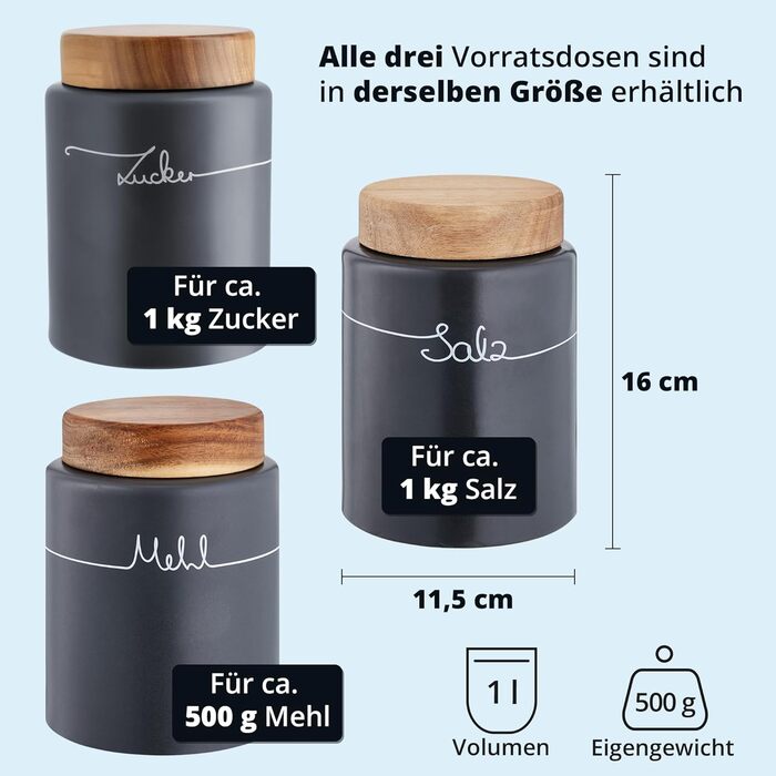 KHG Набор из 3 емкостей для хранения сахара, соли и муки антрацит керамика/бамбук KHG