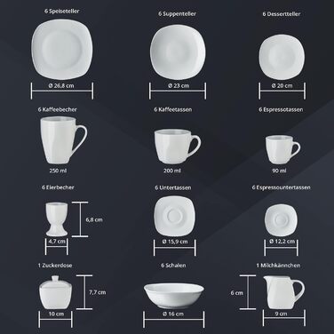 Комбинированный сервиз на 6 персон 62 предмета White KHG