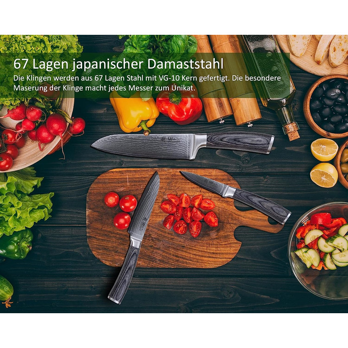 Wakoli Набор из 3 профессиональных кухонных ножей дамасская сталь/дерево пакка Edis Wakoli