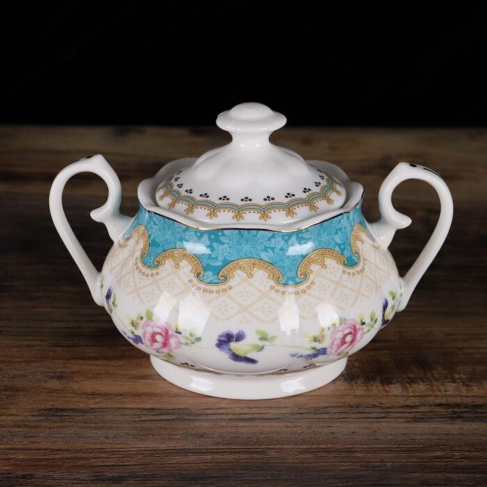 Чайне сервиз из английского бирюзового фарфора, винтажнй керамический кофейнй сервиз с цветами роз, из 15 предметов, свадебнй чайнй сервиз для взрослх