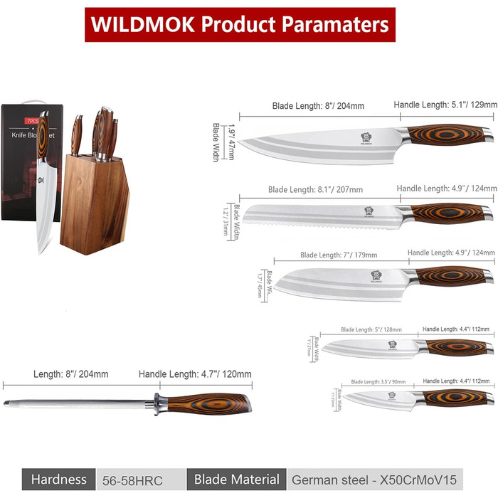 Набор ножей WILDMOK из 7 предметов, набор ножей шеф-повара из немецкой стали, драгоценная ручка Pakkawood для набора блоков кухоннх ножей