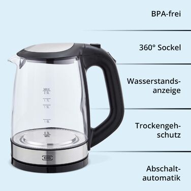KHG Электрочайник 2 л без BPA 2200 Вт сталь/пластик/стекло KHG