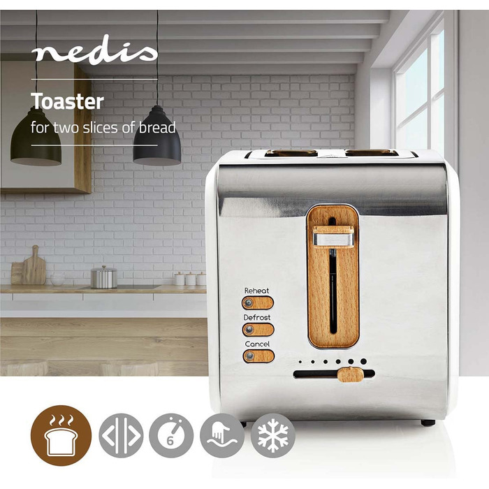 Тостер Nedis soft touch / 900 Вт / на 2 ломтика / 6 ступеней / функция размораживания и подогрева / поддон для крошек