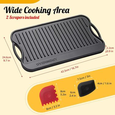 OVERMONT Чугунная сковорода-гриль с набором из 2 скребков 43,2 x 24,6 см Overmont