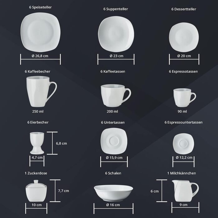 Комбинированный сервиз на 6 персон 62 предмета White KHG