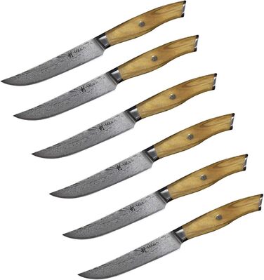 Набор из 6 дамасских ножей для стейка с рукоятками из оливкового дерева 12,5 см Wakoli Exclusive