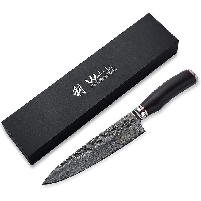 Профессиональный нож из натуральной дамасской стали с рукояткой из молота и дерева пакка 20 см Wakoli