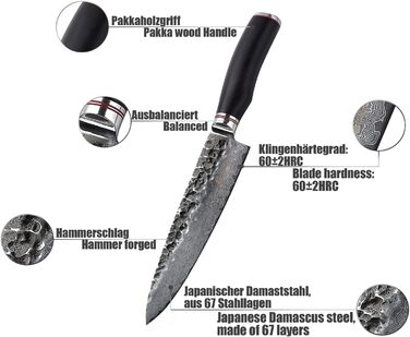 Профессиональный нож из натуральной дамасской стали с рукояткой из молота и дерева пакка 20 см Wakoli