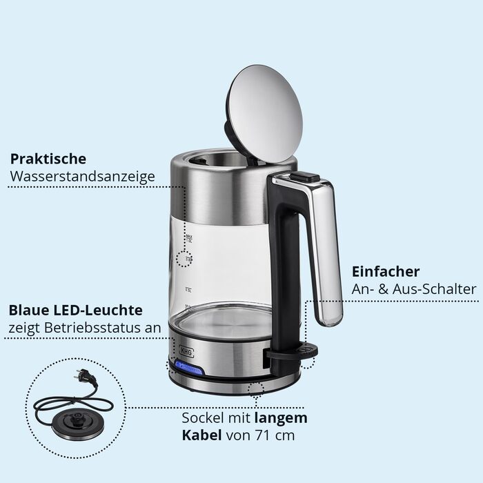 KHG Электрочайник 1 л 2200 Вт стекло/нержавеющая сталь WK-106 GE KHG