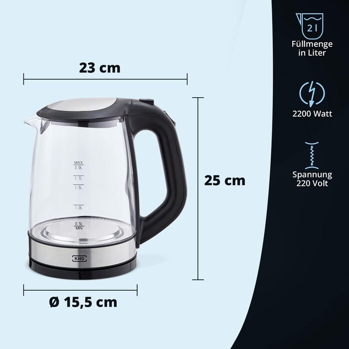 KHG Электрочайник 2 л без BPA 2200 Вт сталь/пластик/стекло KHG