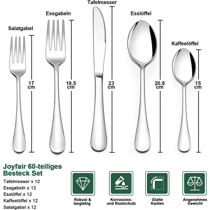 Набор столовых приборов Joyfair, 60 предметов, на 12 персон, нержавеющая сталь