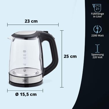 KHG Электрочайник 2 л без BPA 2200 Вт сталь/пластик/стекло KHG